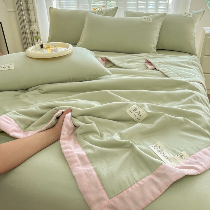 91家纺网 家纺一手货源 找家纺 （总）金艾草2025新款纯色A类纯棉双层纱夏被四件套