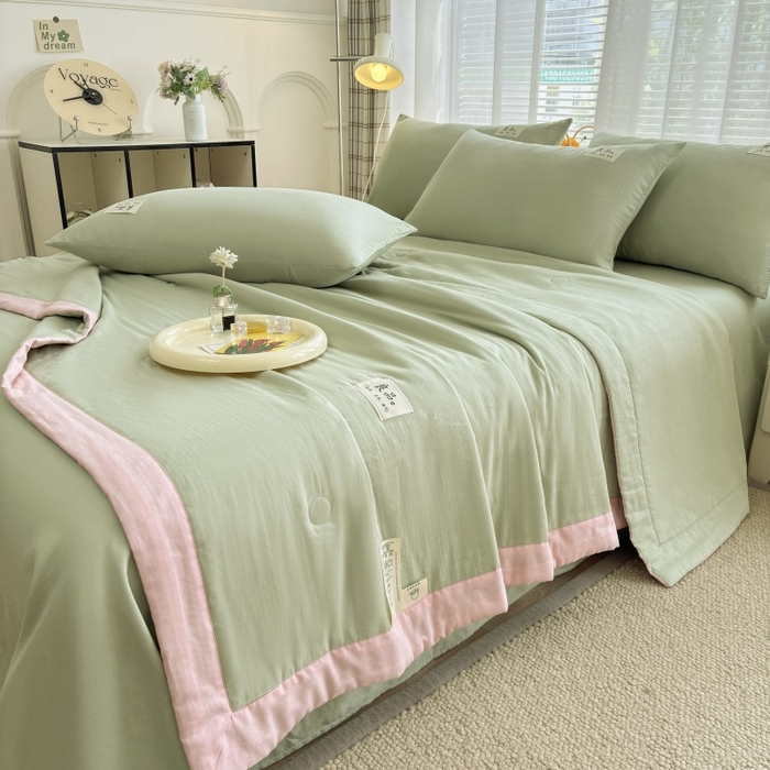 91家纺网 家纺一手货源 找家纺 （总）金艾草2025新款纯色A类纯棉双层纱夏被四件套