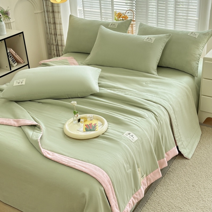 91家纺网 家纺一手货源 找家纺 （总）金艾草2025新款纯色A类纯棉双层纱夏被四件套