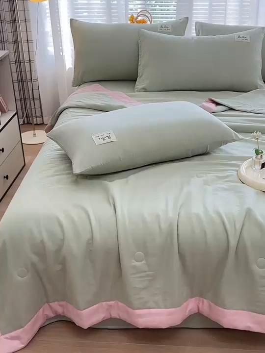 91家纺网 家纺一手货源 找家纺 （总）金艾草2025新款纯色A类纯棉双层纱夏被四件套