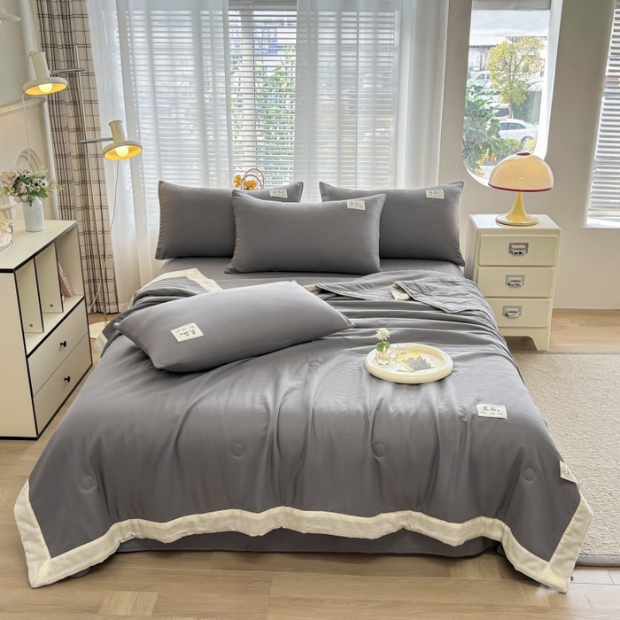 91家纺网 家纺一手货源 找家纺 金艾草2025新款纯色A类纯棉双层纱夏被四件套 灰色（手包边）