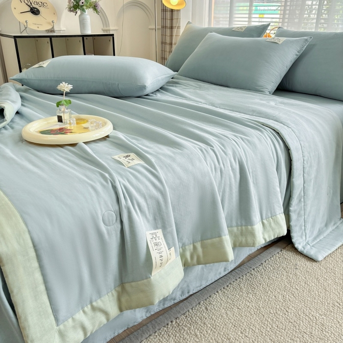 91家纺网 家纺一手货源 找家纺 金艾草2025新款纯色A类纯棉双层纱夏被四件套 蔚蓝（手包边）