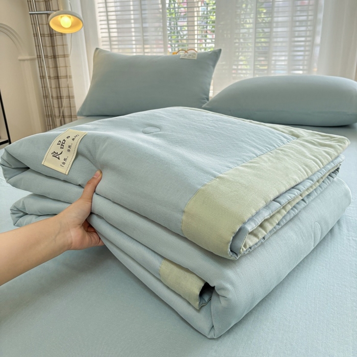 91家纺网 家纺一手货源 找家纺 金艾草2025新款纯色A类纯棉双层纱夏被四件套 蔚蓝（手包边）