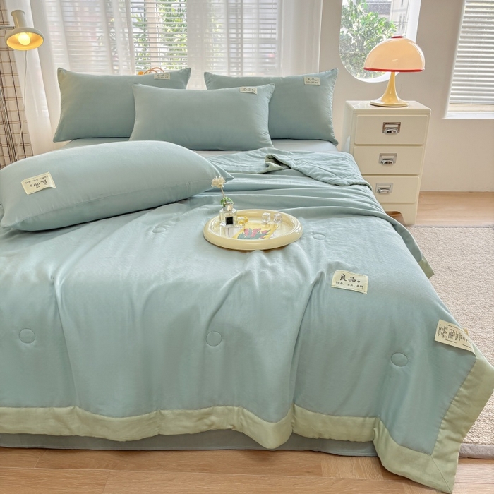 91家纺网 家纺一手货源 找家纺 金艾草2025新款纯色A类纯棉双层纱夏被四件套 蔚蓝（手包边）