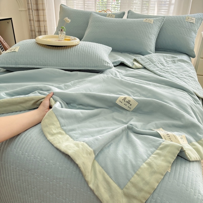 91家纺网 家纺一手货源 找家纺 （总）金艾草2025款新款纯棉双层纱床盖三件套床盖夏被四件套