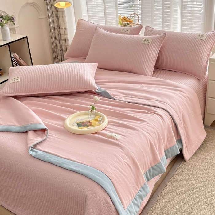 91家纺网 家纺一手货源 找家纺 （总）金艾草2025款新款纯棉双层纱床盖三件套床盖夏被四件套