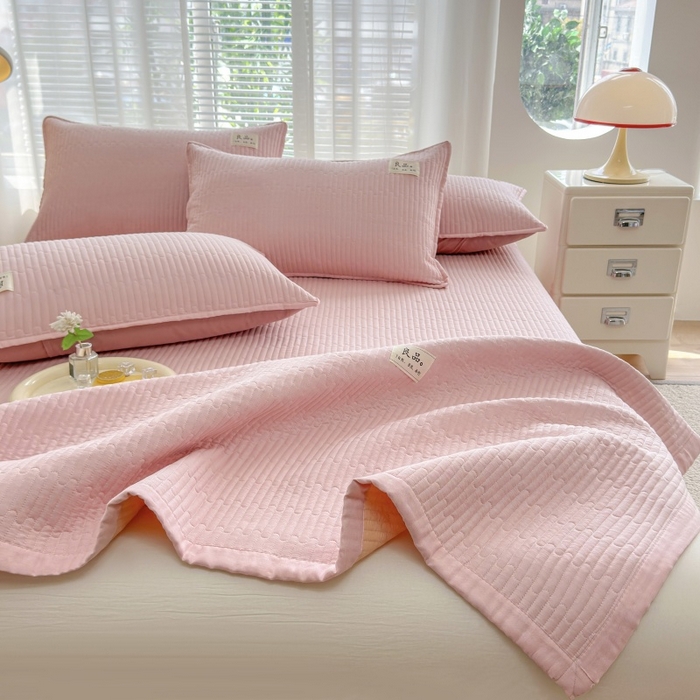 91家纺网 家纺一手货源 找家纺 （总）金艾草2025款新款纯棉双层纱床盖三件套床盖夏被四件套