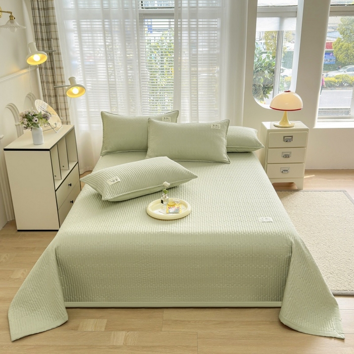 91家纺网 家纺一手货源 找家纺 金艾草2025款新款纯棉双层纱床盖三件套床盖夏被四件套 草绿（手包边款）