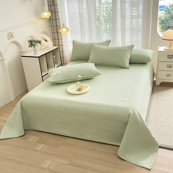 91家纺网 家纺一手货源 找家纺 金艾草2025款新款纯棉双层纱床盖三件套床盖夏被四件套 草绿（手包边款）