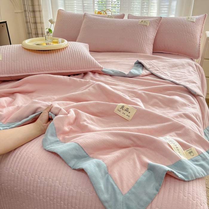 金艾草2025款新款纯棉双层纱床盖三件套床盖夏被四件套 粉色（手包边款）