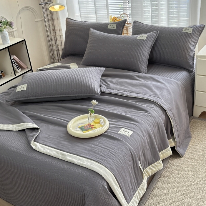 91家纺网 家纺一手货源 找家纺 金艾草2025款新款纯棉双层纱床盖三件套床盖夏被四件套 灰色（手包边款）