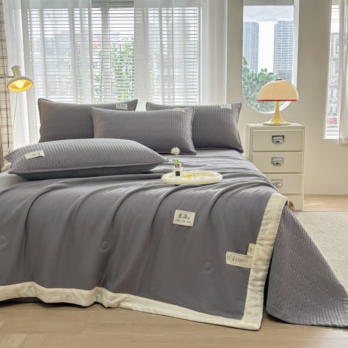 91家纺网 家纺一手货源 找家纺 金艾草2025款新款纯棉双层纱床盖三件套床盖夏被四件套 灰色（手包边款）