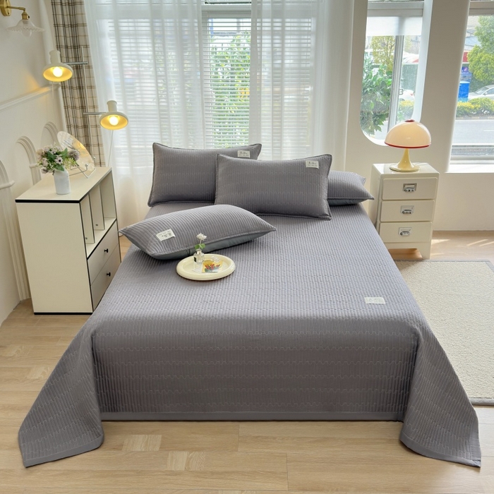 91家纺网 家纺一手货源 找家纺 金艾草2025款新款纯棉双层纱床盖三件套床盖夏被四件套 灰色（手包边款）