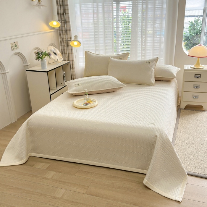 91家纺网 家纺一手货源 找家纺 金艾草2025款新款纯棉双层纱床盖三件套床盖夏被四件套 奶油黄（手包边款）