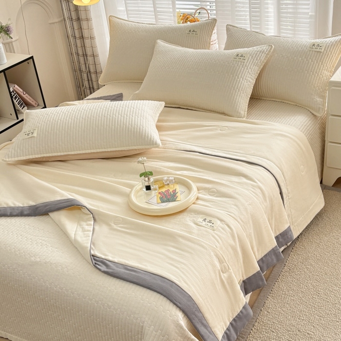 91家纺网 家纺一手货源 找家纺 金艾草2025款新款纯棉双层纱床盖三件套床盖夏被四件套 奶油黄（手包边款）