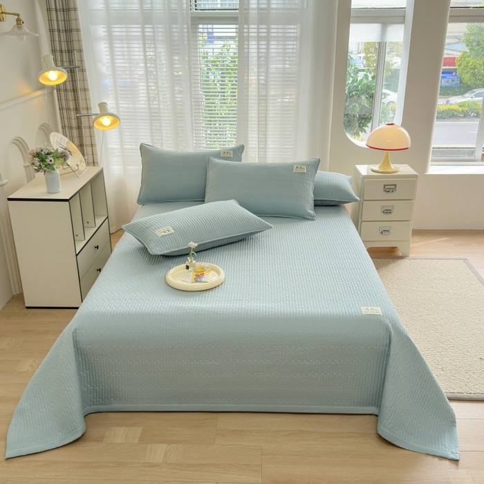 91家纺网 家纺一手货源 找家纺 金艾草2025款新款纯棉双层纱床盖三件套床盖夏被四件套 蔚蓝（手包边款）