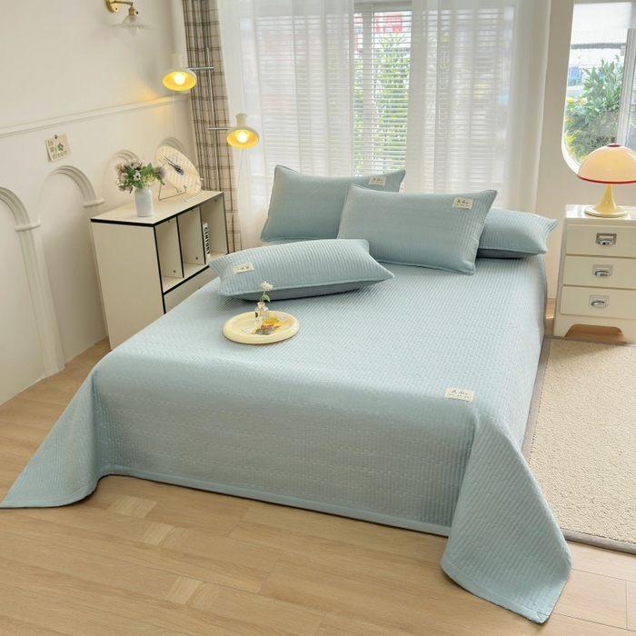 91家纺网 家纺一手货源 找家纺 金艾草2025款新款纯棉双层纱床盖三件套床盖夏被四件套 蔚蓝（手包边款）