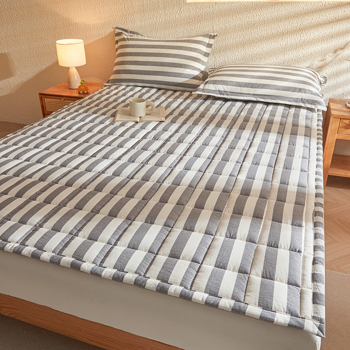 91家纺网 家纺一手货源 找家纺 丽诺床垫 2025新款亲肤舒适全棉纯棉色织棉花床褥床垫-少女粉 灰色-宽条