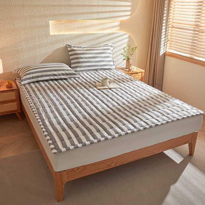 91家纺网 家纺一手货源 找家纺 丽诺床垫 2025新款亲肤舒适全棉纯棉色织棉花床褥床垫-少女粉 灰色-宽条