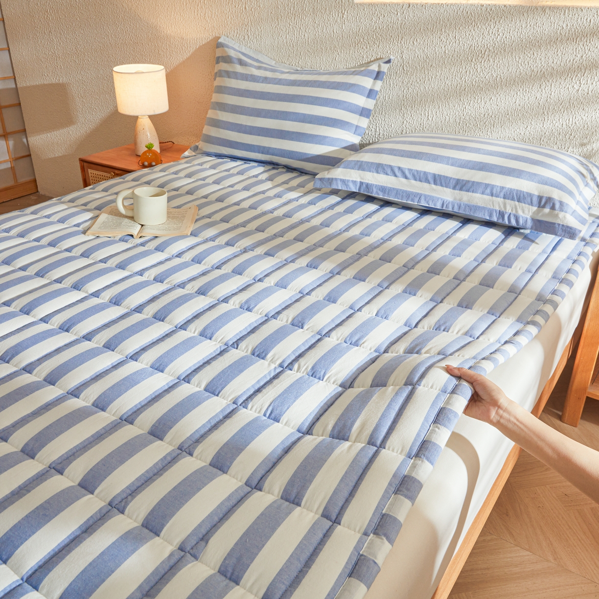 91家纺网 家纺一手货源 找家纺 丽诺床垫 2025新款亲肤舒适全棉纯棉色织棉花床褥床垫-少女粉 蓝色-宽条