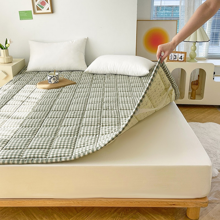 91家纺网 家纺一手货源 找家纺 丽诺床垫 2025新款亲肤舒适全棉纯棉色织棉花床褥床垫-少女粉 绿小格