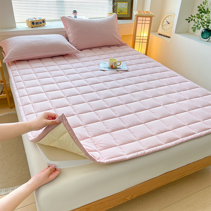 91家纺网 家纺一手货源 找家纺 丽诺床垫 2025新款亲肤舒适全棉纯棉色织棉花床褥床垫-少女粉 细条粉
