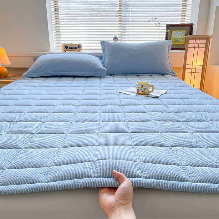 91家纺网 家纺一手货源 找家纺 丽诺床垫 2025新款亲肤舒适全棉纯棉色织棉花床褥床垫-少女粉 细条蓝