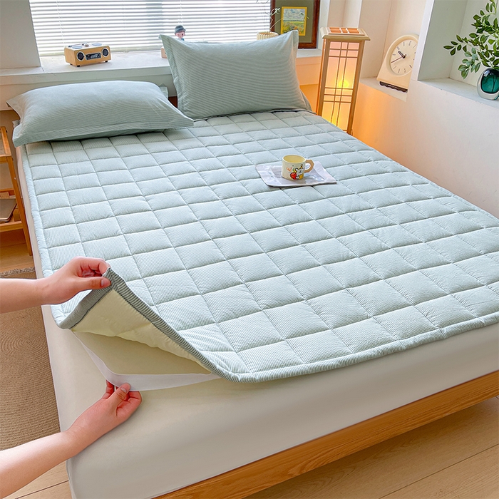 91家纺网 家纺一手货源 找家纺 丽诺床垫 2025新款亲肤舒适全棉纯棉色织棉花床褥床垫-少女粉 细条绿