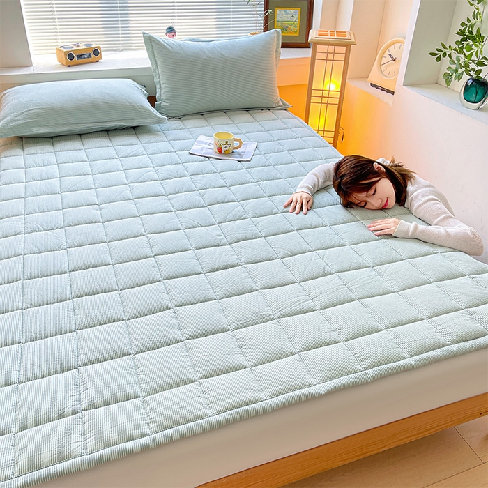 91家纺网 家纺一手货源 找家纺 丽诺床垫 2025新款亲肤舒适全棉纯棉色织棉花床褥床垫-少女粉 细条绿