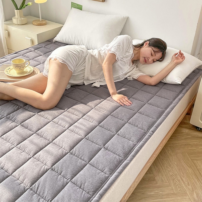 91家纺网 家纺一手货源 找家纺 丽诺床垫 2025新款亲肤舒适全棉纯棉色织棉花床褥床垫-少女粉 优雅灰