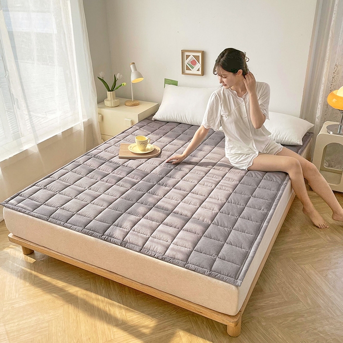 91家纺网 家纺一手货源 找家纺 丽诺床垫 2025新款亲肤舒适全棉纯棉色织棉花床褥床垫-少女粉 优雅灰