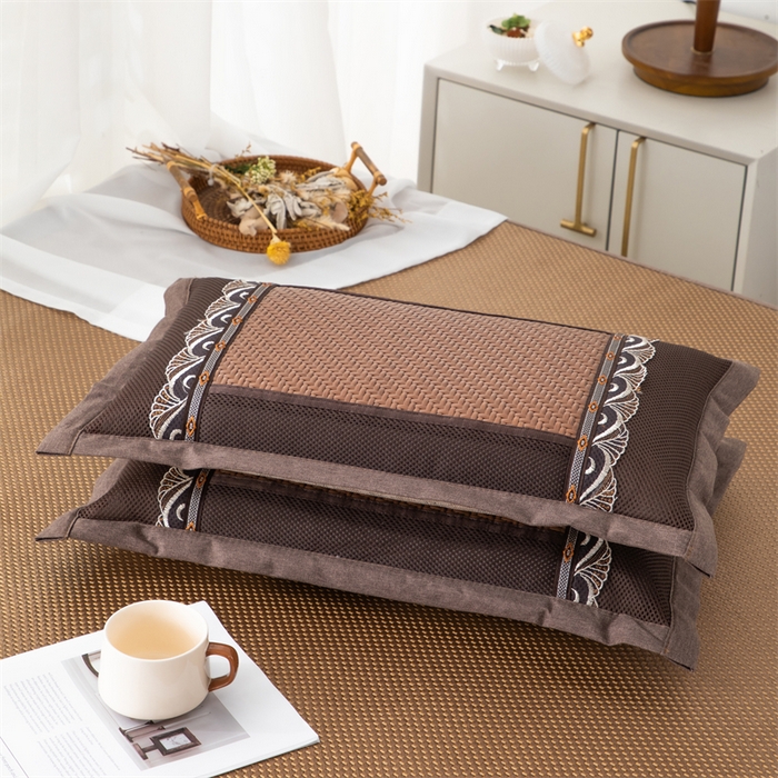 91家纺网 家纺一手货源 找家纺 织布人 2025新款荞麦枕夏凉感PE藤茶香枕全荞麦壳枕头午睡枕颈椎枕芯 大号PE藤直角花边-咖色 40x60cm /只 茶香枕