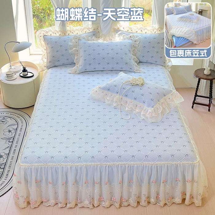 91家纺网 家纺一手货源 找家纺 罗艺轩 2025新款PE中分子凉感软凉席席子床裙款 蝴蝶结-天空蓝