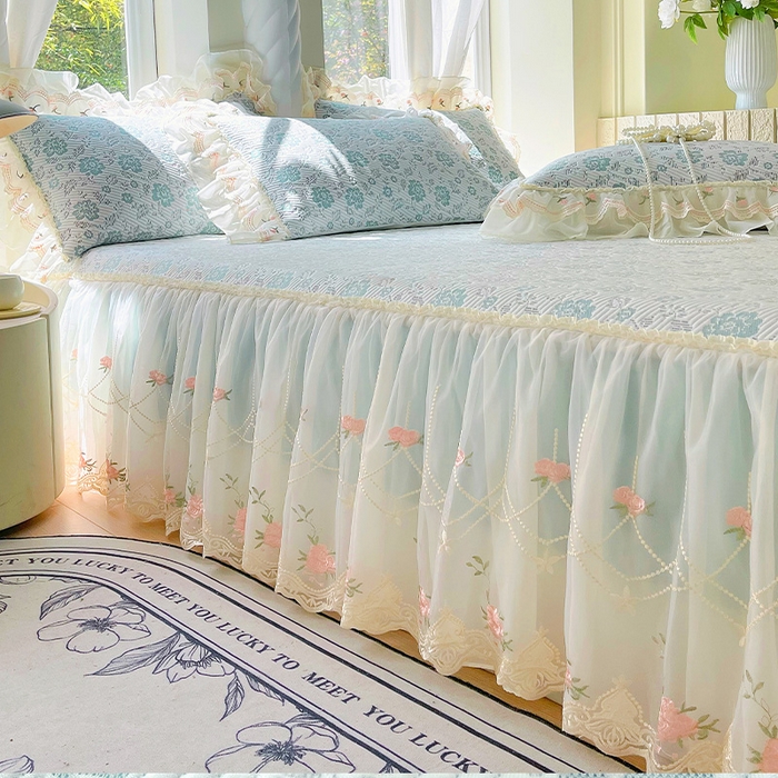91家纺网 家纺一手货源 找家纺 罗艺轩 2025新款PE中分子凉感软凉席席子床裙款 德拉庄园-薄荷绿