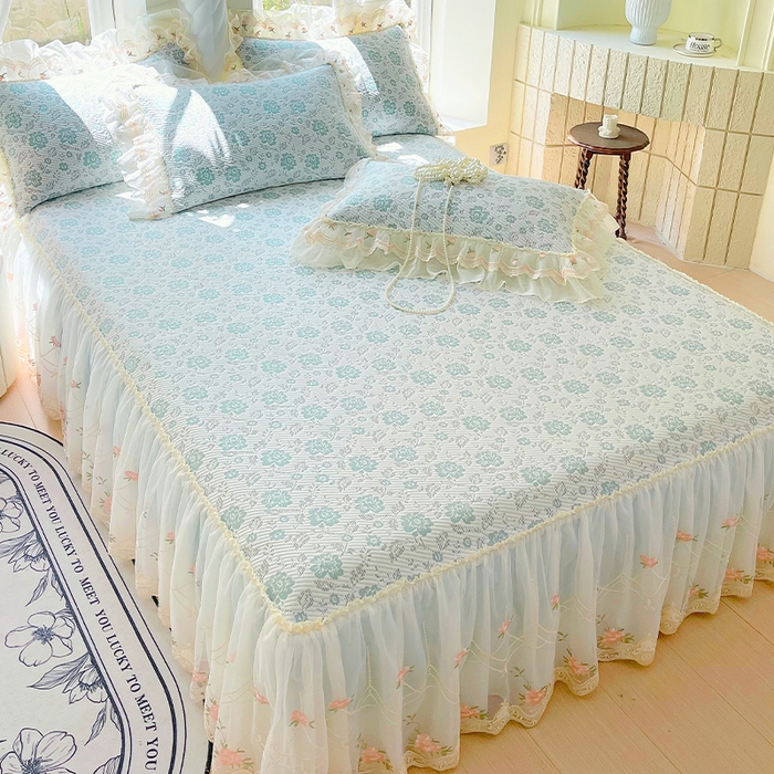 91家纺网 家纺一手货源 找家纺 罗艺轩 2025新款PE中分子凉感软凉席席子床裙款 德拉庄园-薄荷绿