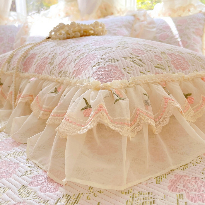 91家纺网 家纺一手货源 找家纺 罗艺轩 2025新款PE中分子凉感软凉席席子床裙款 德拉庄园-少女粉