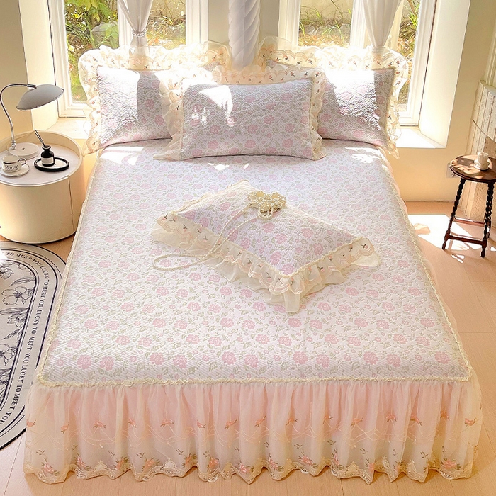 91家纺网 家纺一手货源 找家纺 罗艺轩 2025新款PE中分子凉感软凉席席子床裙款 德拉庄园-少女粉