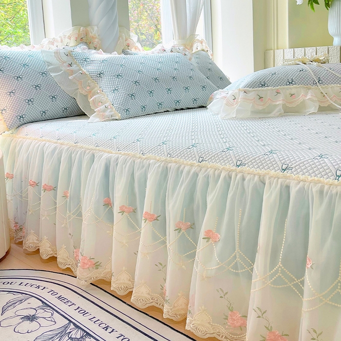 91家纺网 家纺一手货源 找家纺 罗艺轩 2025新款PE中分子凉感软凉席席子床裙款 蝴蝶结-薄荷绿