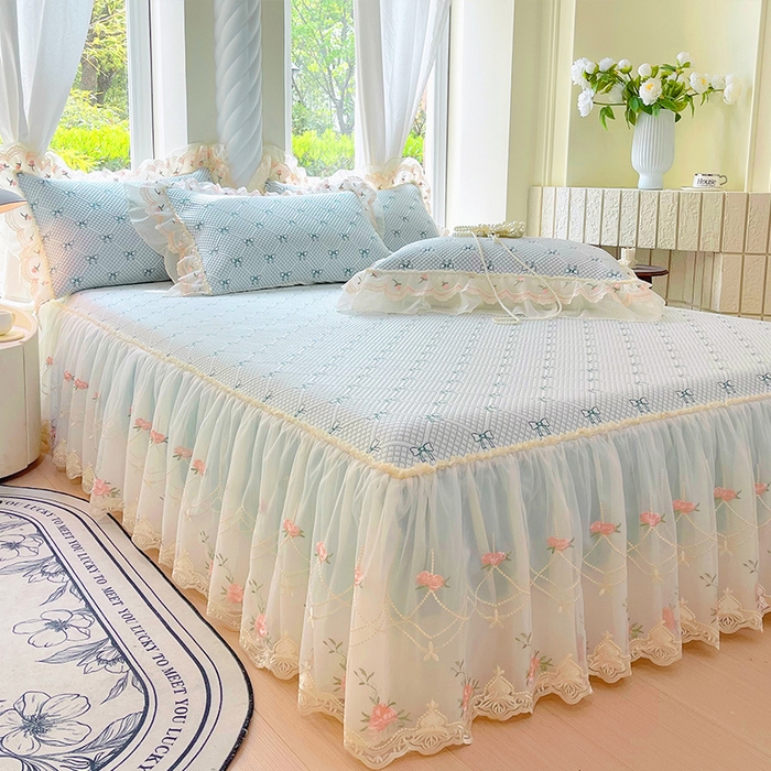 91家纺网 家纺一手货源 找家纺 罗艺轩 2025新款PE中分子凉感软凉席席子床裙款 蝴蝶结-薄荷绿