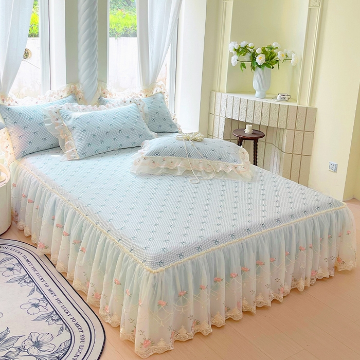 91家纺网 家纺一手货源 找家纺 罗艺轩 2025新款PE中分子凉感软凉席席子床裙款 蝴蝶结-薄荷绿