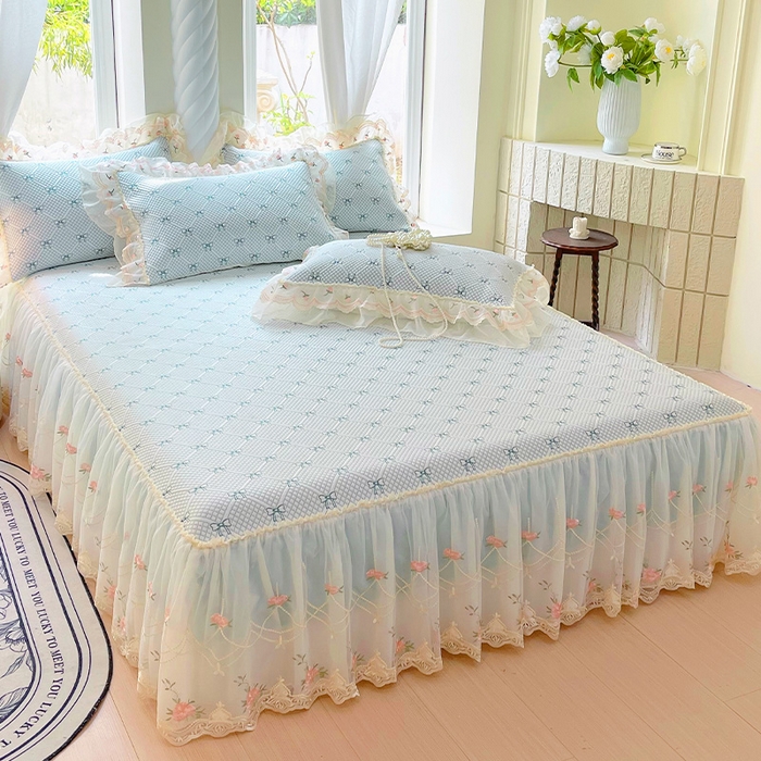 91家纺网 家纺一手货源 找家纺 罗艺轩 2025新款PE中分子凉感软凉席席子床裙款 蝴蝶结-薄荷绿