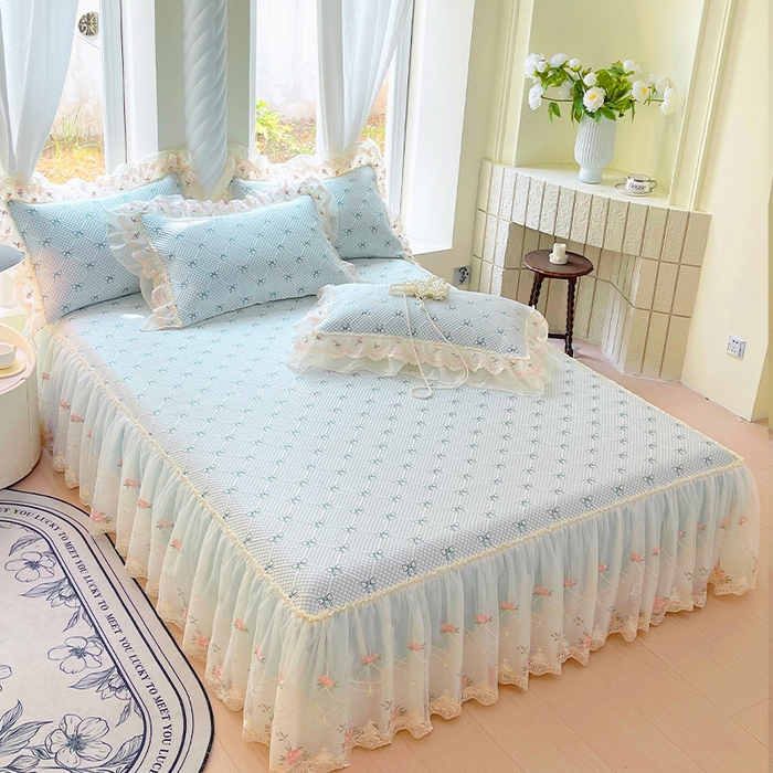 91家纺网 家纺一手货源 找家纺 罗艺轩 2025新款PE中分子凉感软凉席席子床裙款 蝴蝶结-薄荷绿