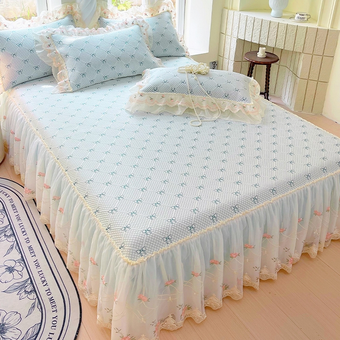 91家纺网 家纺一手货源 找家纺 罗艺轩 2025新款PE中分子凉感软凉席席子床裙款 蝴蝶结-薄荷绿