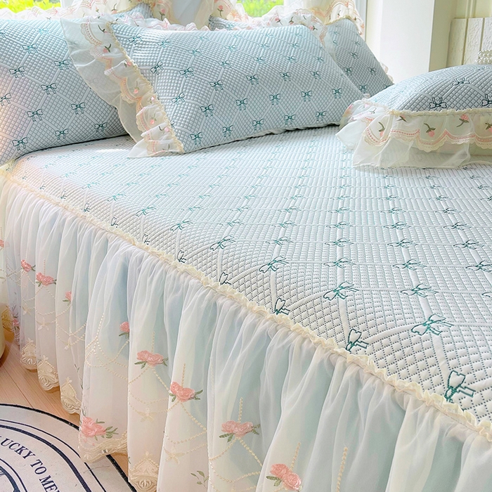 91家纺网 家纺一手货源 找家纺 罗艺轩 2025新款PE中分子凉感软凉席席子床裙款 蝴蝶结-薄荷绿