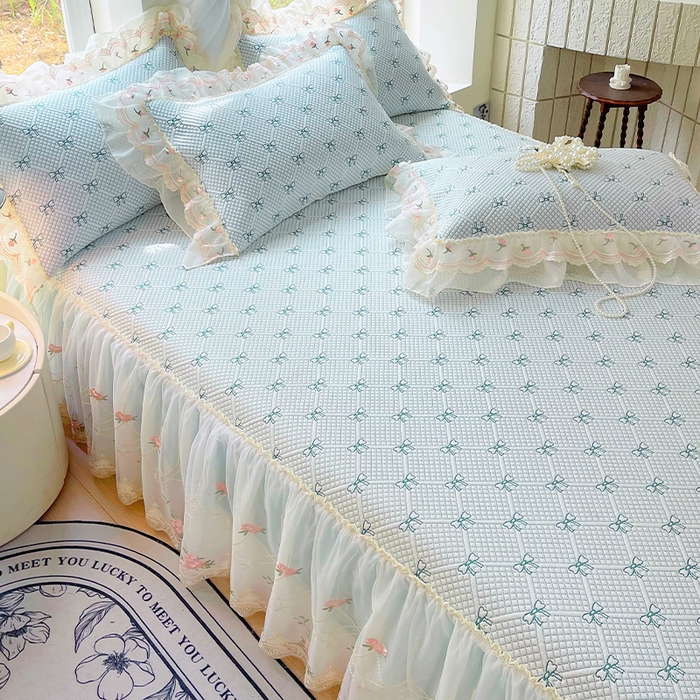 91家纺网 家纺一手货源 找家纺 罗艺轩 2025新款PE中分子凉感软凉席席子床裙款 蝴蝶结-薄荷绿