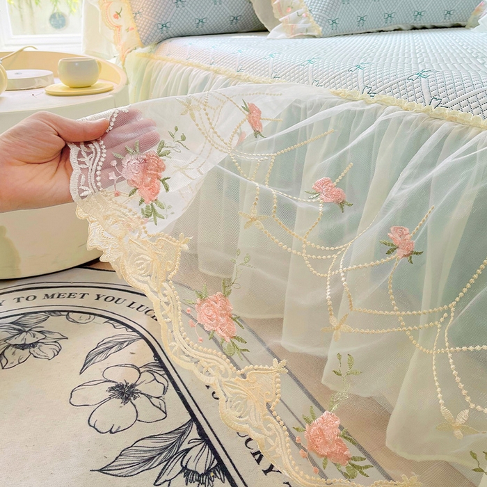 91家纺网 家纺一手货源 找家纺 罗艺轩 2025新款PE中分子凉感软凉席席子床裙款 蝴蝶结-薄荷绿