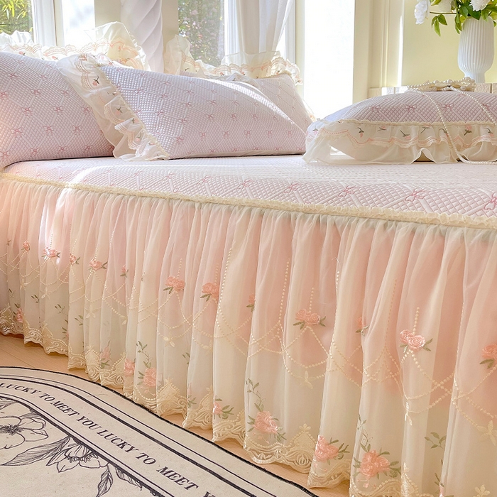 91家纺网 家纺一手货源 找家纺 罗艺轩 2025新款PE中分子凉感软凉席席子床裙款 蝴蝶结-少女粉