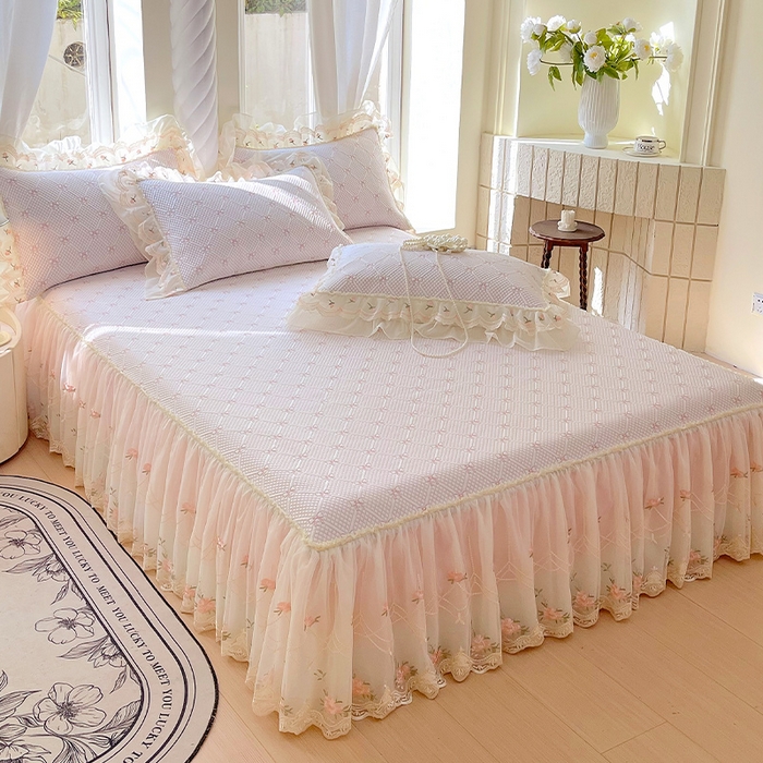 91家纺网 家纺一手货源 找家纺 罗艺轩 2025新款PE中分子凉感软凉席席子床裙款 蝴蝶结-少女粉