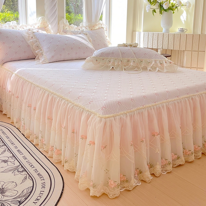 91家纺网 家纺一手货源 找家纺 罗艺轩 2025新款PE中分子凉感软凉席席子床裙款 蝴蝶结-少女粉