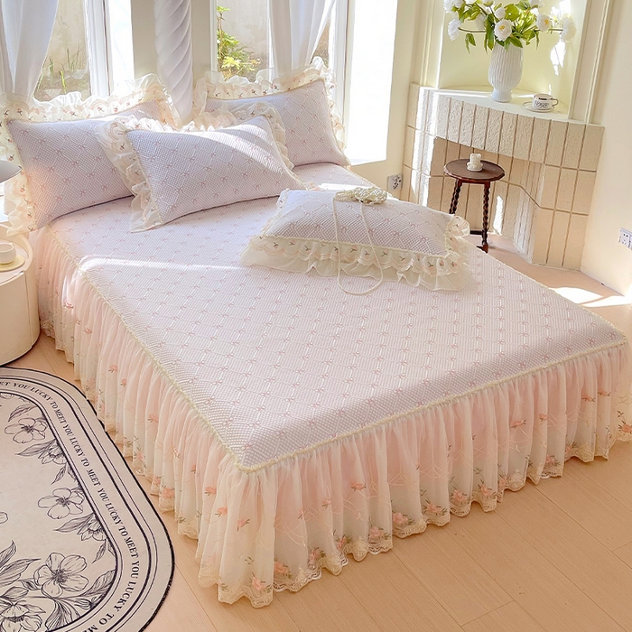 91家纺网 家纺一手货源 找家纺 罗艺轩 2025新款PE中分子凉感软凉席席子床裙款 蝴蝶结-少女粉